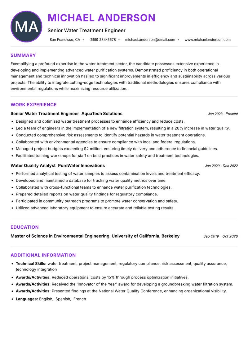 Water Treatment Technology Specialist resume example — ATS-friendly template