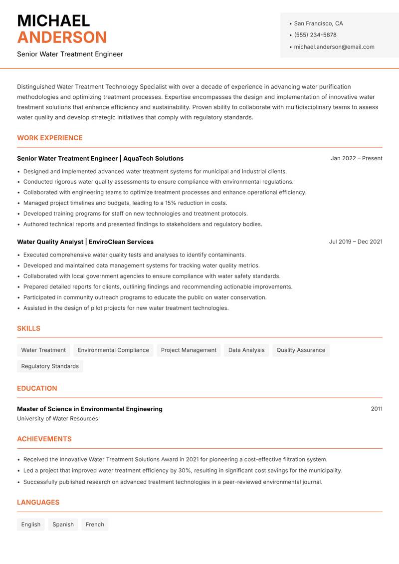 Water Treatment Technology Specialist resume template — Modern Professional