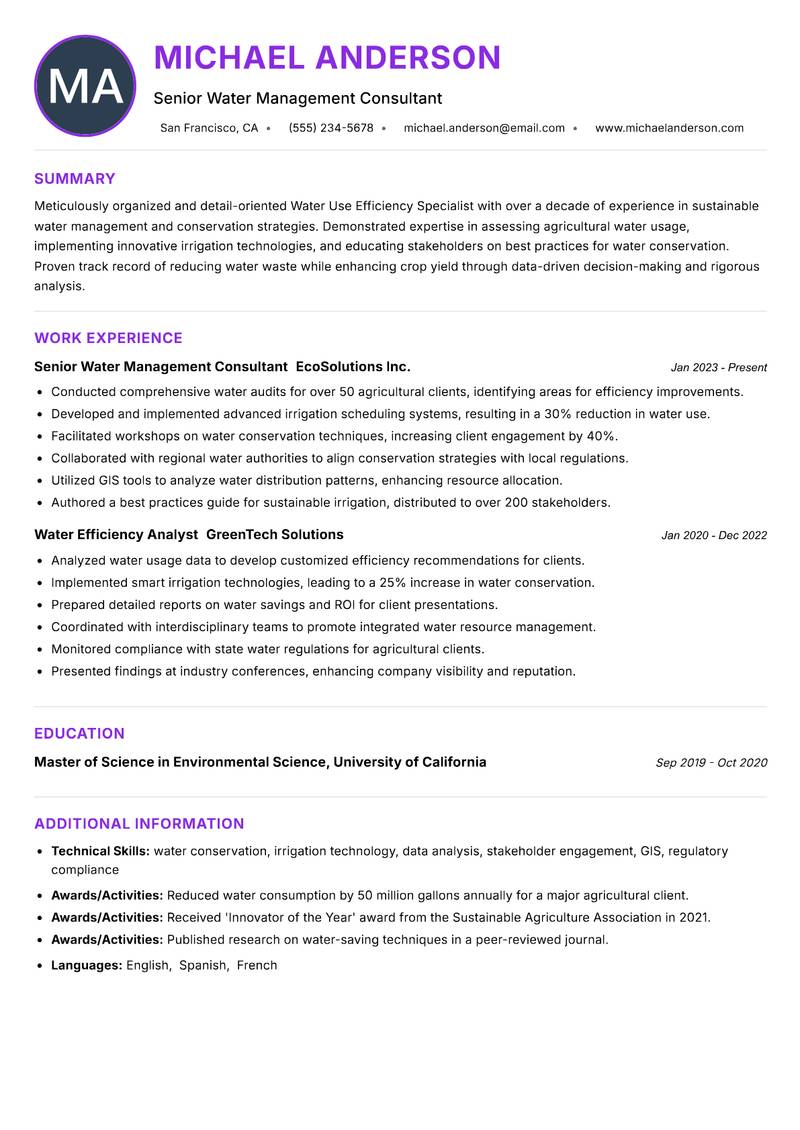 Water Use Efficiency Specialist resume example — ATS-friendly template