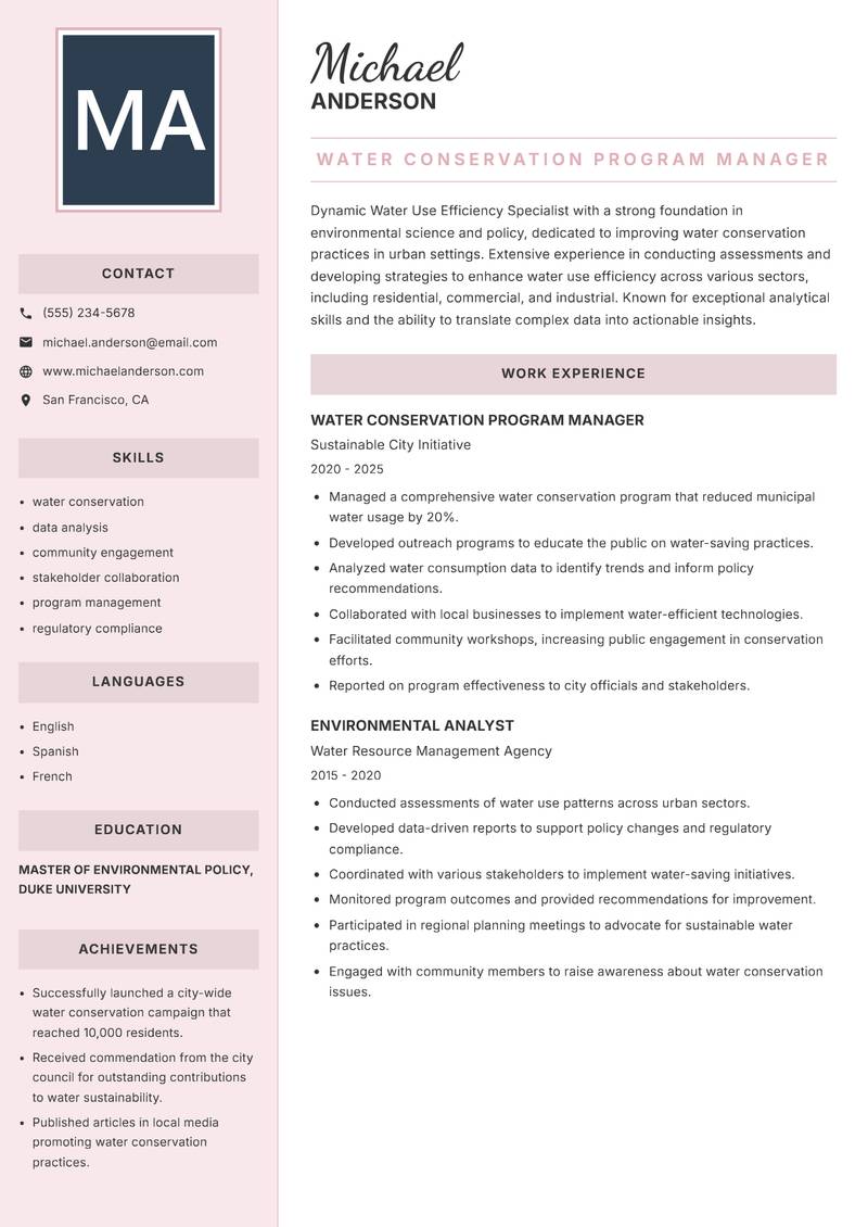 Water Use Efficiency Specialist resume template — Executive