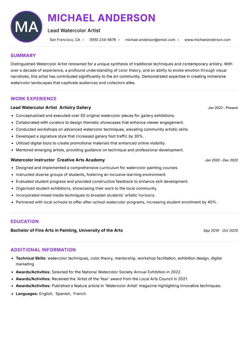 Watercolor Artist resume example — ATS-friendly template
