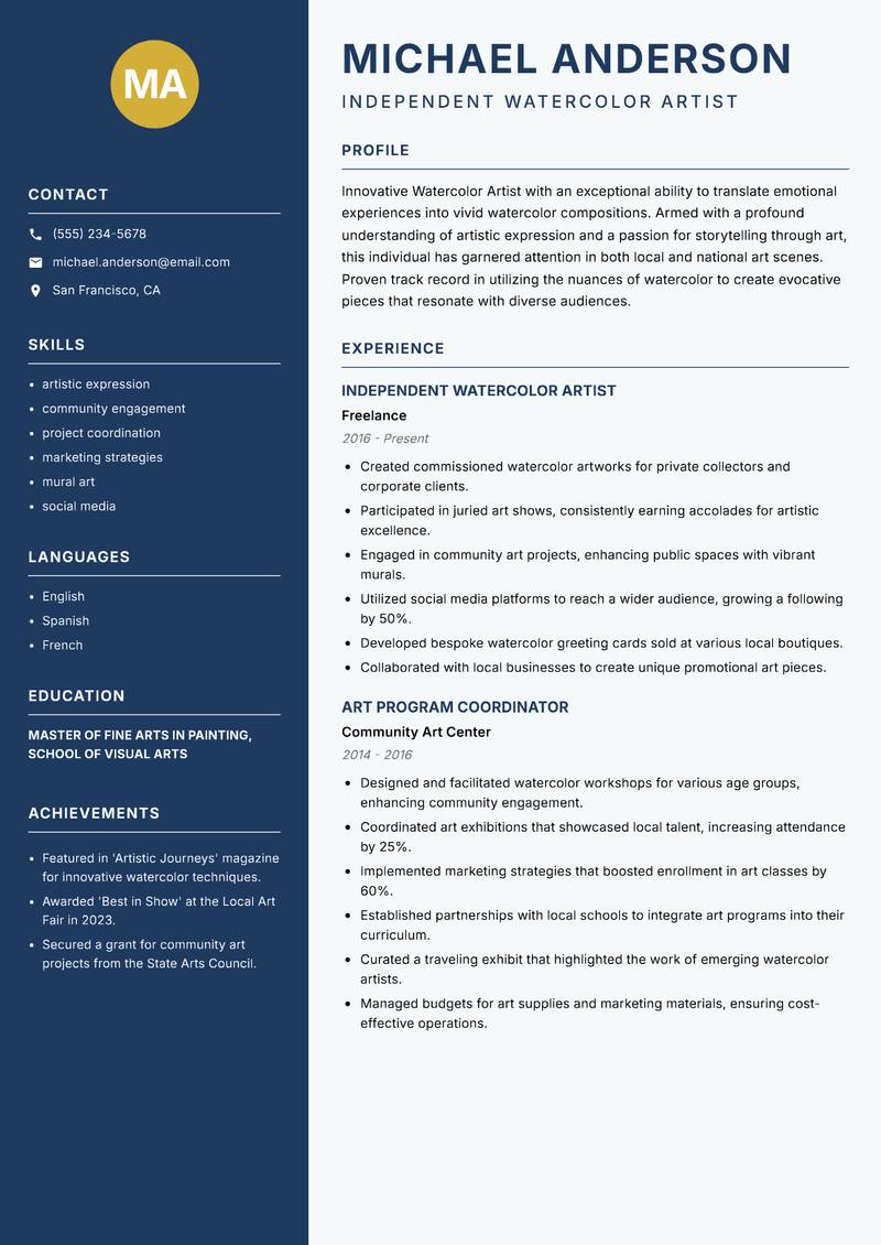 Watercolor Artist resume template — Classic Clean
