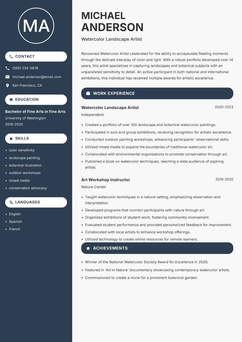 Watercolor Artist resume template — Compact