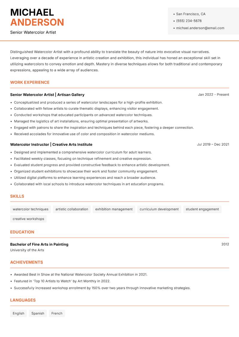 Watercolor Artist resume template — Modern Professional