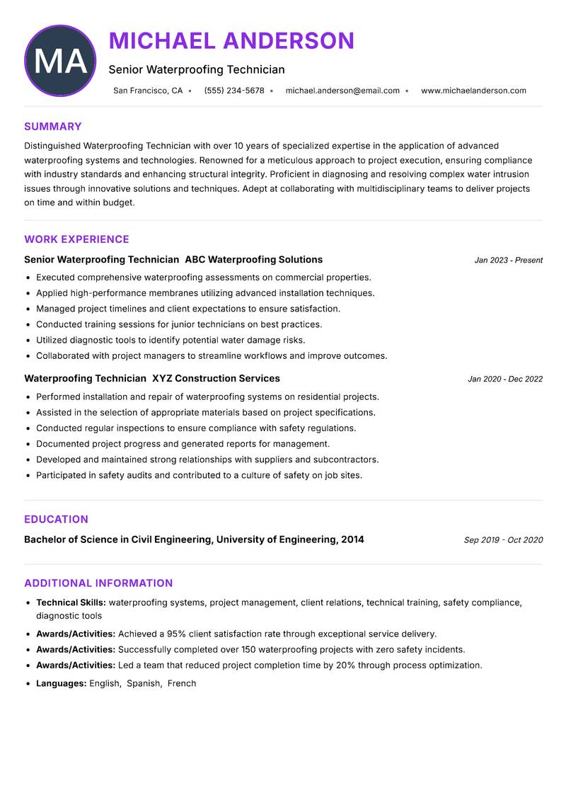 Waterproofing Technician resume example — ATS-friendly template