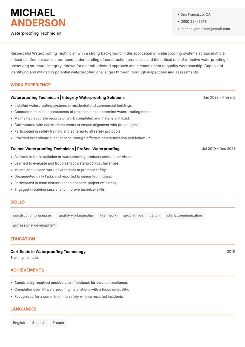 Waterproofing Technician resume template — Modern Professional