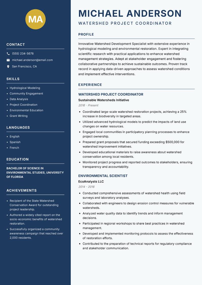 Watershed Development Specialist resume template — Classic Clean