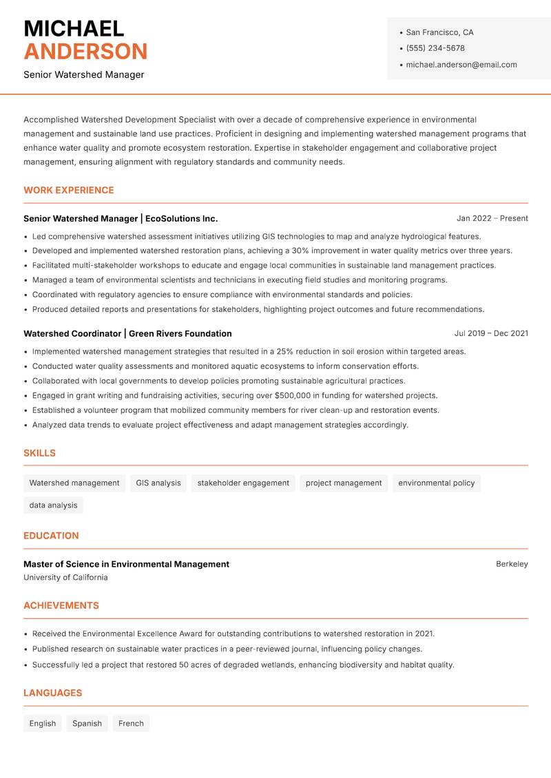 Watershed Development Specialist resume template — Modern Professional