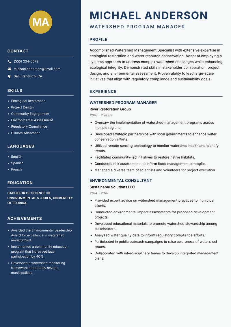 Watershed Management Specialist resume template — Classic Clean