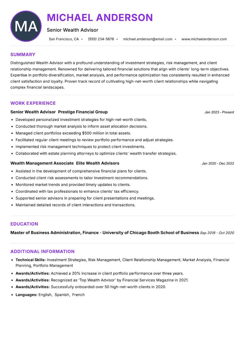 Wealth Advisor resume example — ATS-friendly template