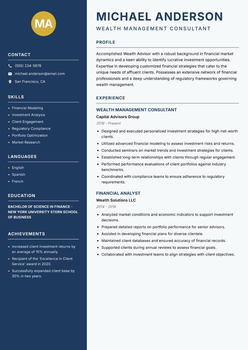 Wealth Advisor resume template — Classic Clean