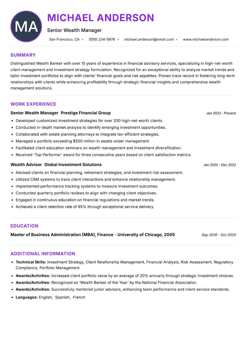 Wealth Banker resume example — ATS-friendly template