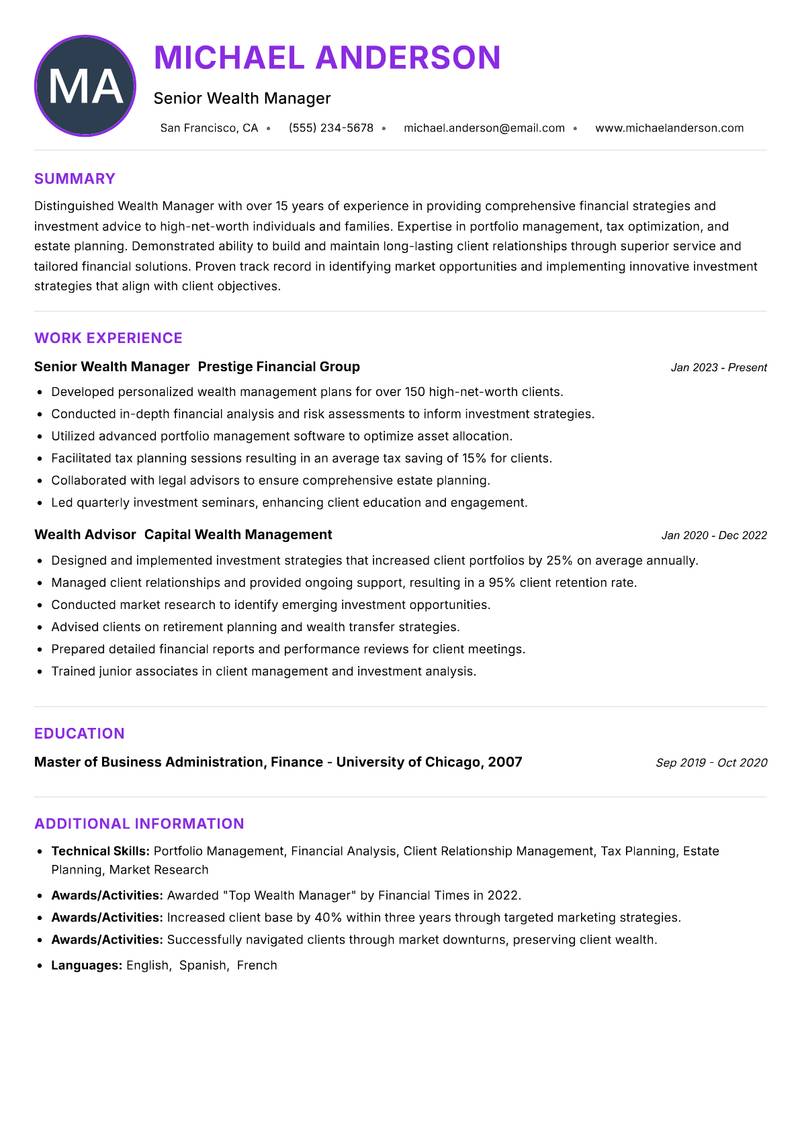 Wealth Manager resume example — ATS-friendly template