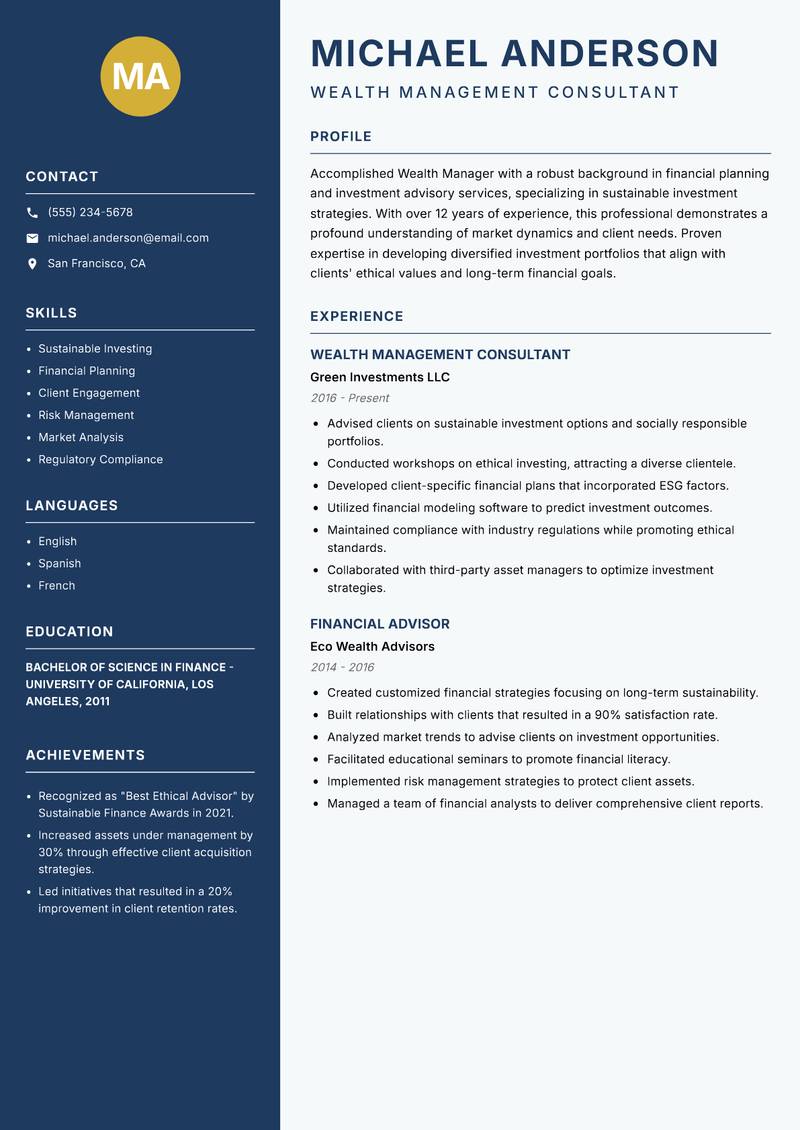 Wealth Manager resume template — Classic Clean