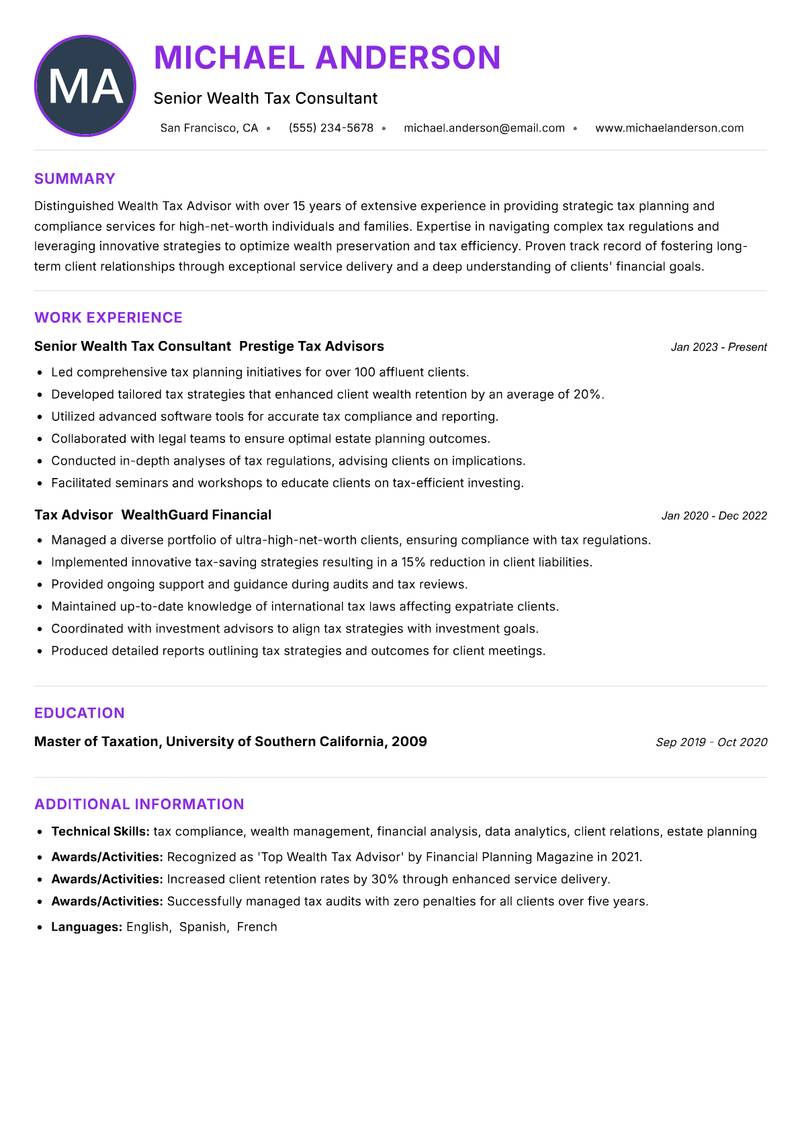 Wealth Tax Advisor resume example — ATS-friendly template