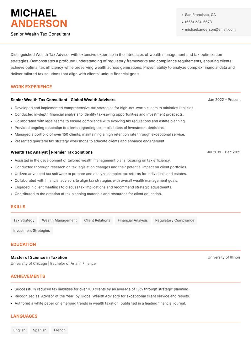 Wealth Tax Advisor resume template — Modern Professional