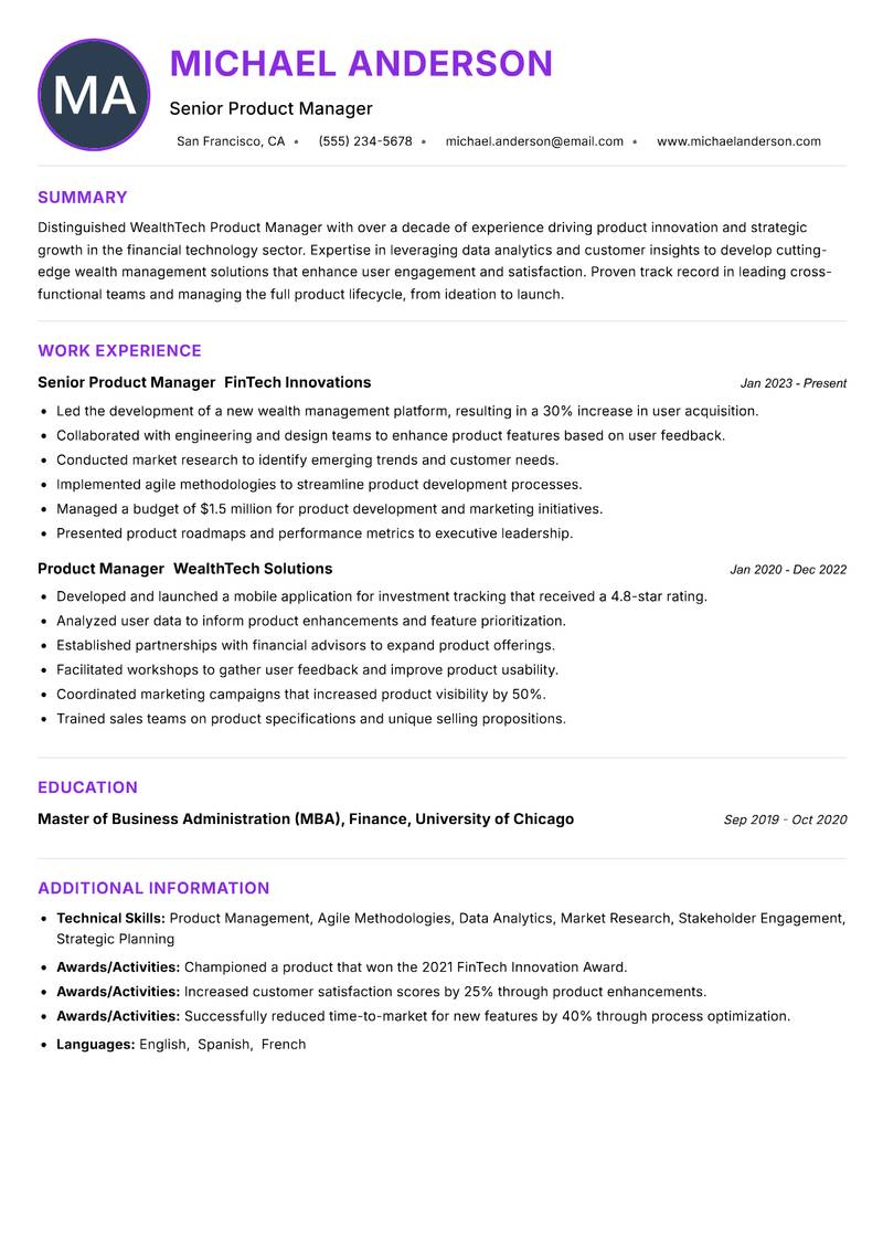 WealthTech Product Manager resume example — ATS-friendly template