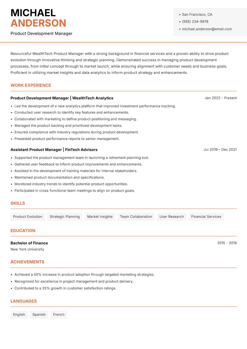 WealthTech Product Manager resume template — Modern Professional