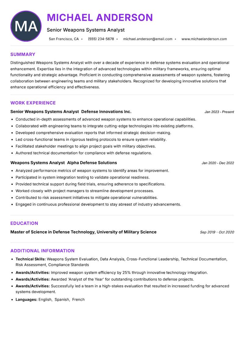 Weapons Systems Analyst resume example — ATS-friendly template