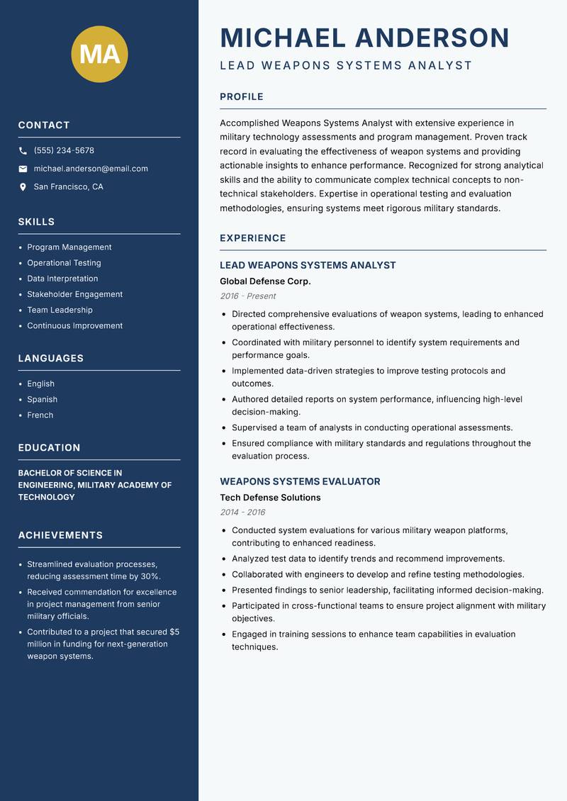 Weapons Systems Analyst resume template — Classic Clean