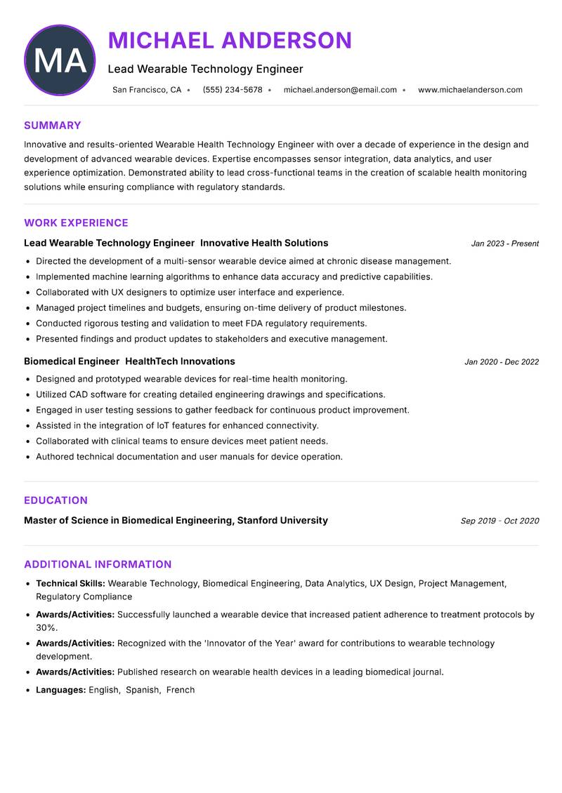 Wearable Health Technology Engineer resume example — ATS-friendly template
