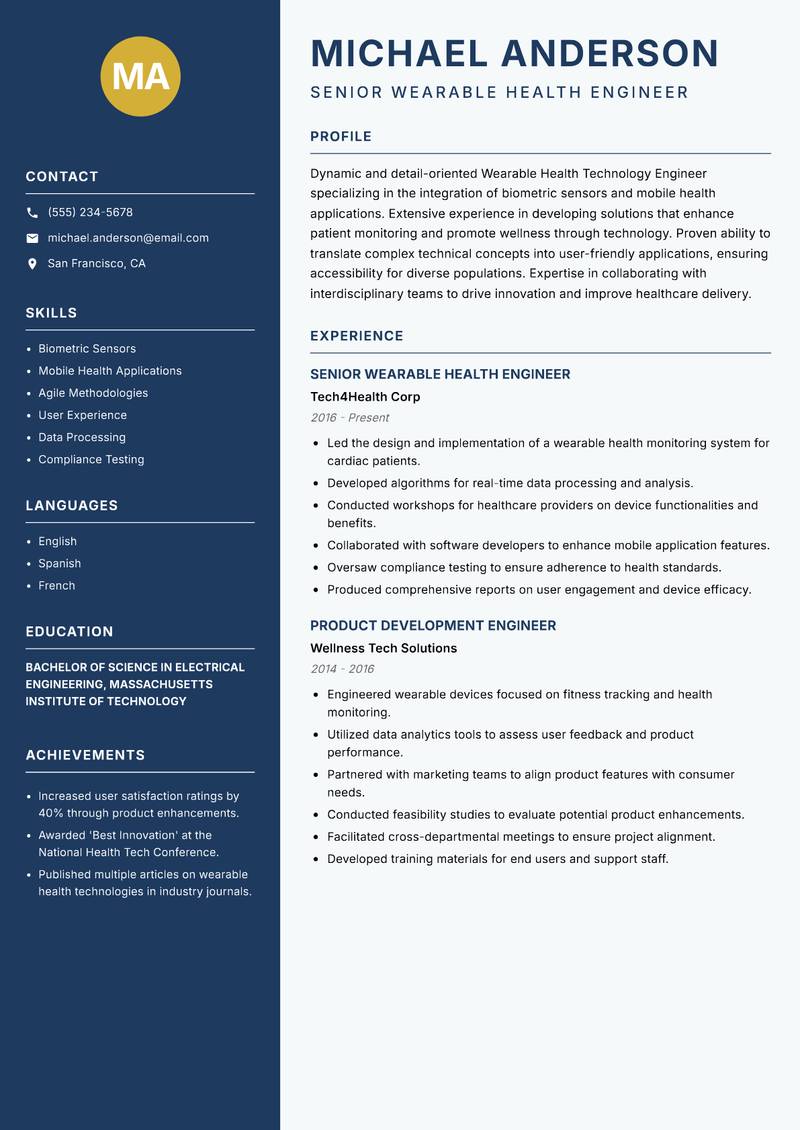Wearable Health Technology Engineer resume template — Classic Clean