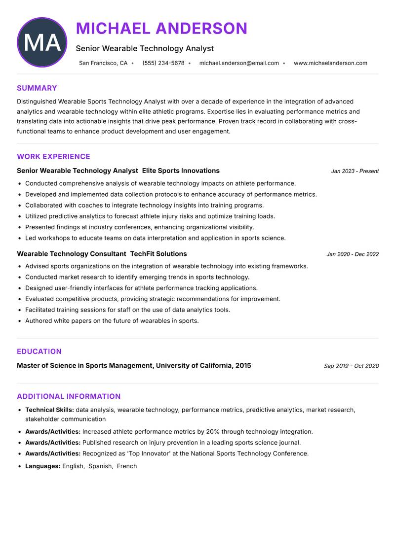 Wearable Sports Technology Analyst resume example — ATS-friendly template