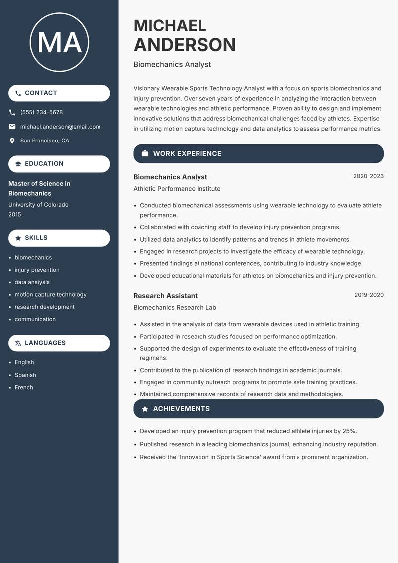 Wearable Sports Technology Analyst resume template — Compact