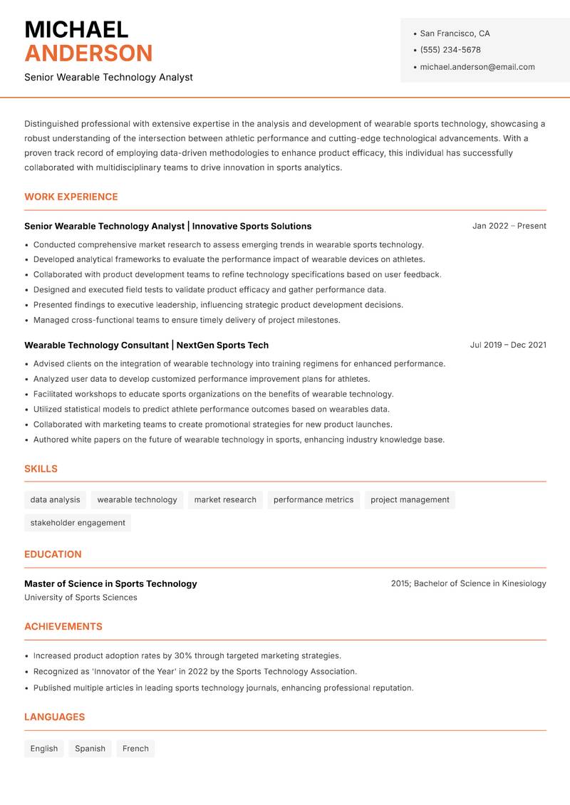 Wearable Sports Technology Analyst resume template — Modern Professional