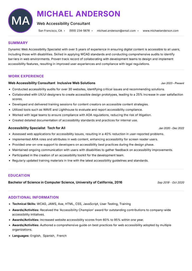 Web Accessibility Specialist resume example — ATS-friendly template
