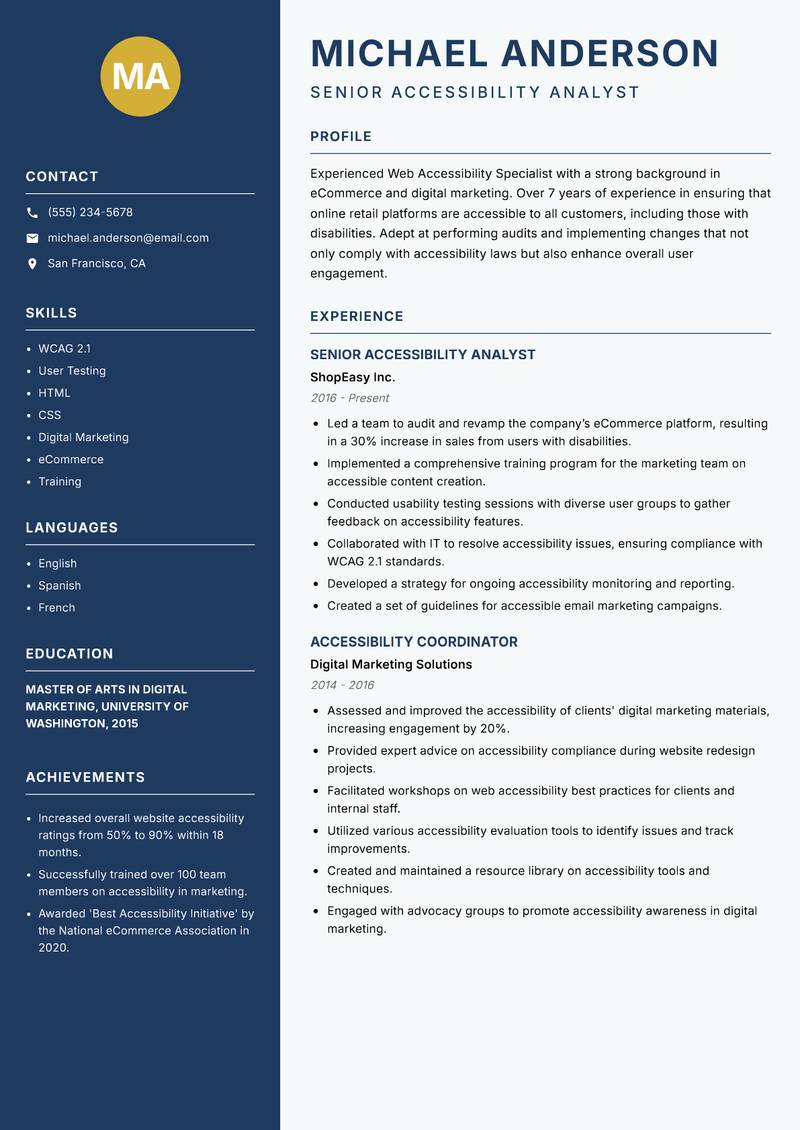 Web Accessibility Specialist resume template — Classic Clean