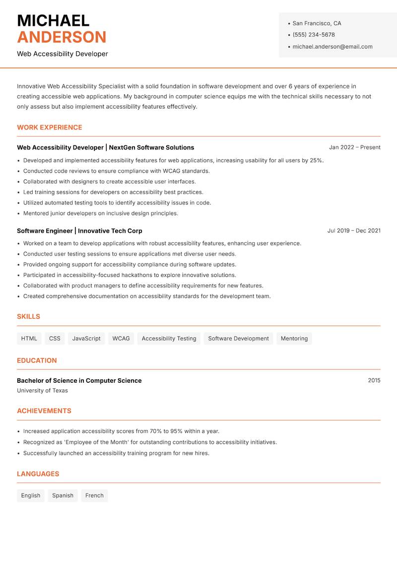 Web Accessibility Specialist resume template — Modern Professional