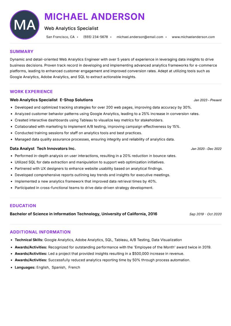 Web Analytics Engineer resume example — ATS-friendly template
