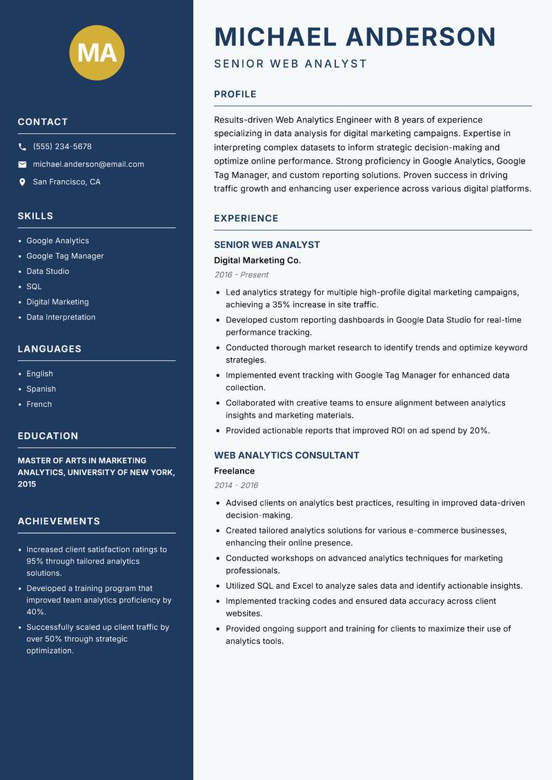Web Analytics Engineer resume template — Classic Clean