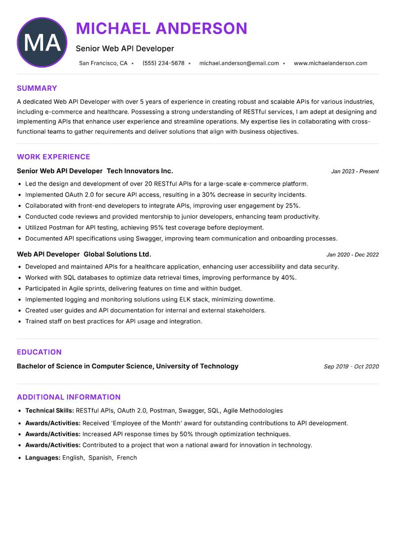 Web API Developer resume example — ATS-friendly template
