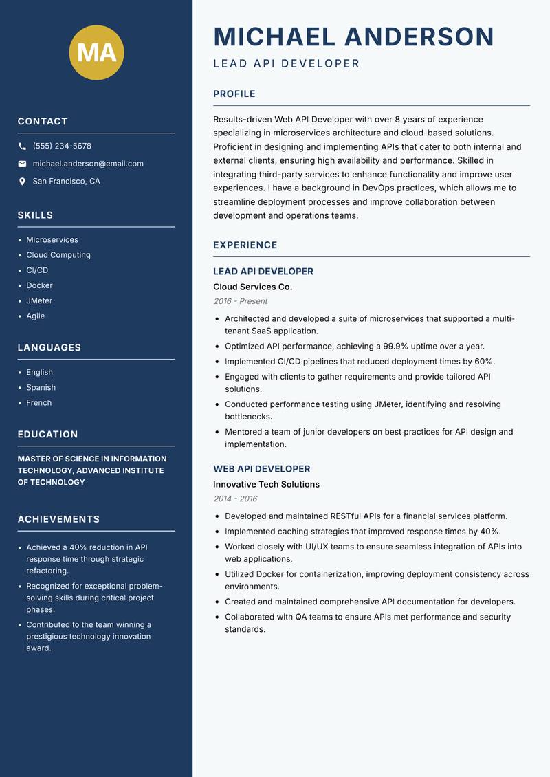 Web API Developer resume template — Classic Clean