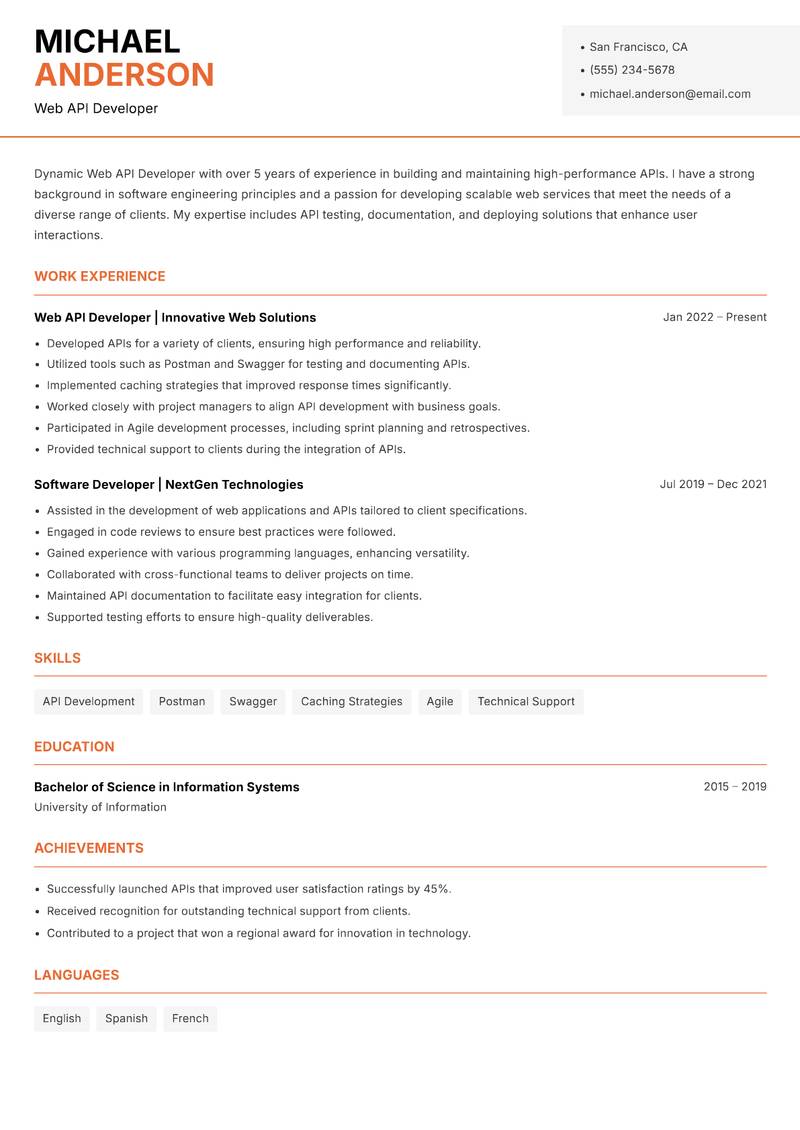 Web API Developer resume template — Modern Professional