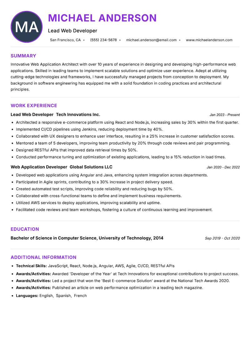 Web Application Architect resume example — ATS-friendly template