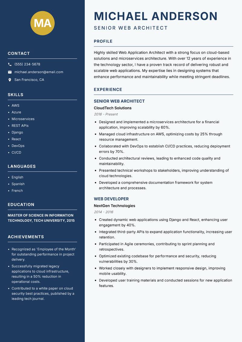 Web Application Architect resume template — Classic Clean
