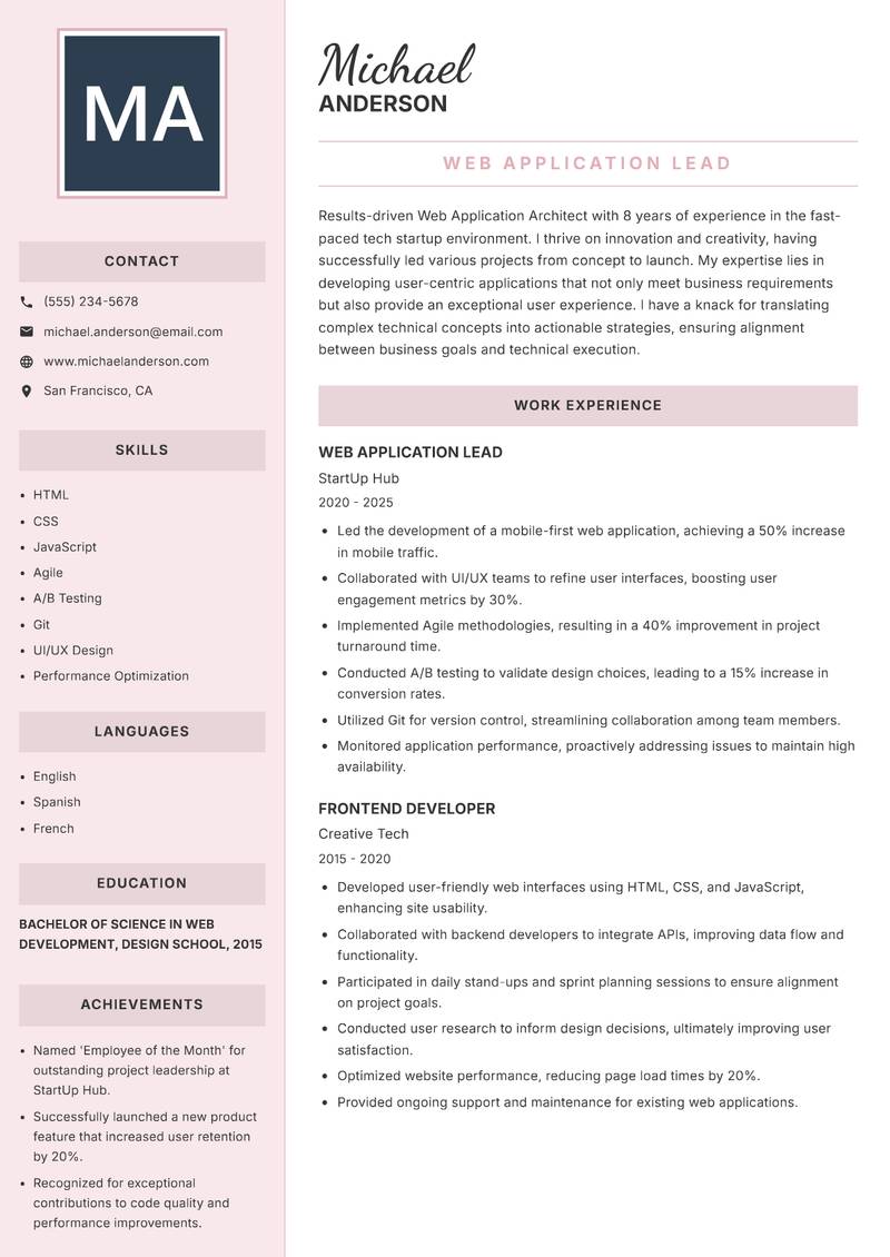 Web Application Architect resume template — Executive