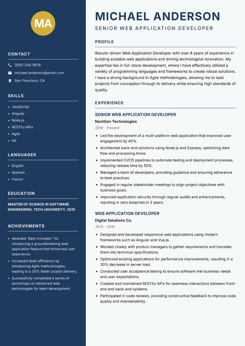 Web Application Developer resume template — Classic Clean