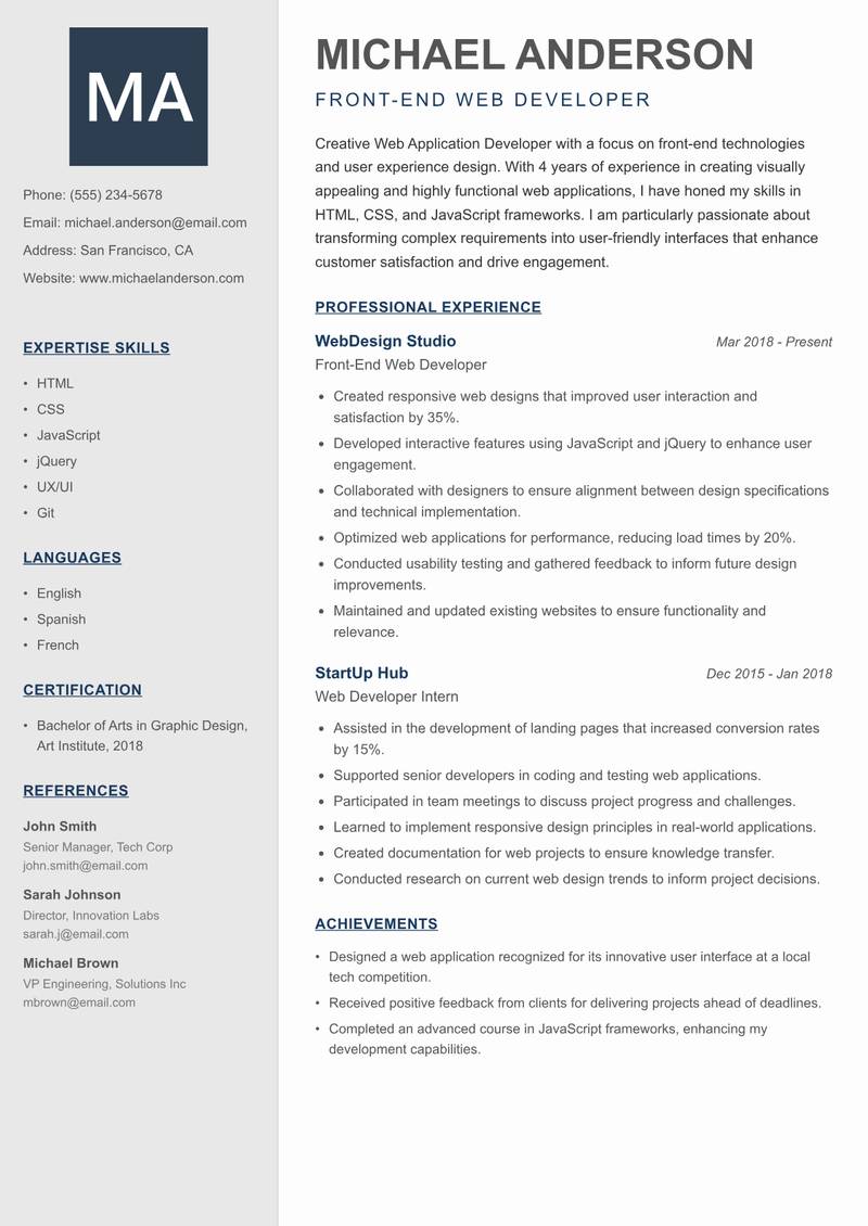 Web Application Developer resume template — Creative Minimal