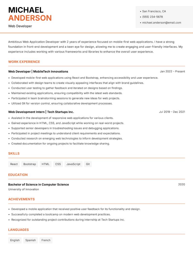 Web Application Developer resume template — Modern Professional