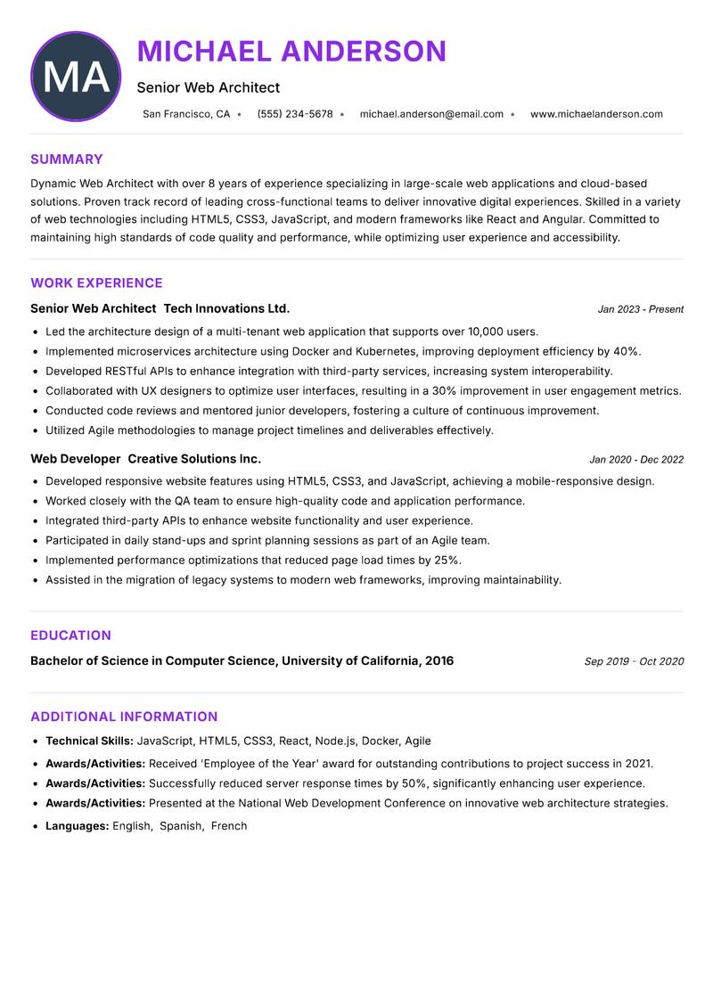 Web Architect resume example — ATS-friendly template