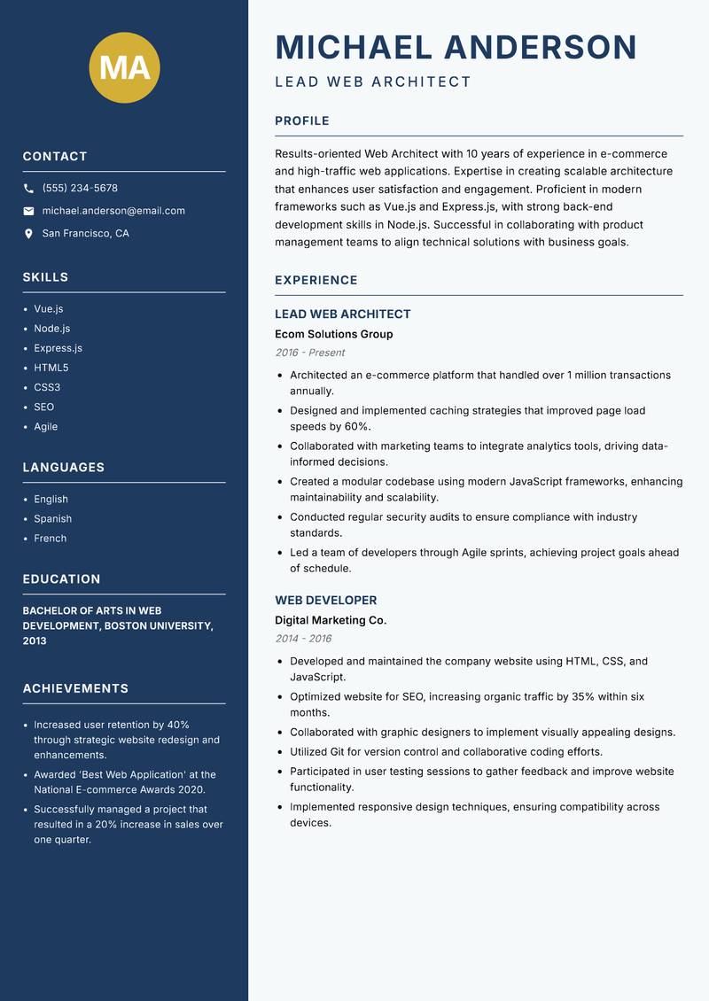 Web Architect resume template — Classic Clean