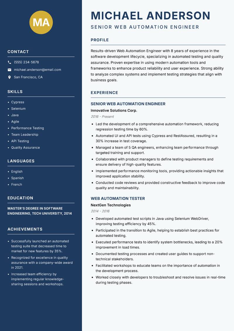 Web Automation Engineer resume template — Classic Clean