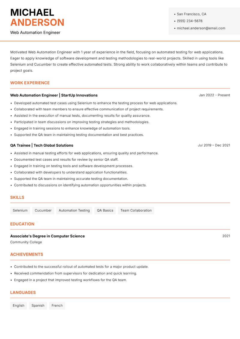 Web Automation Engineer resume template — Modern Professional