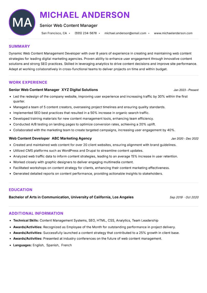 Web Content Management Developer resume example — ATS-friendly template