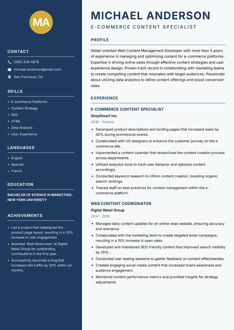 Web Content Management Developer resume template — Classic Clean