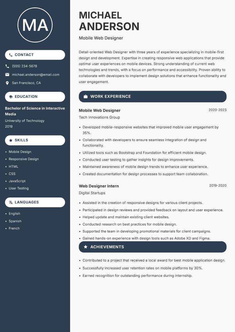 Web Designer resume template — Compact